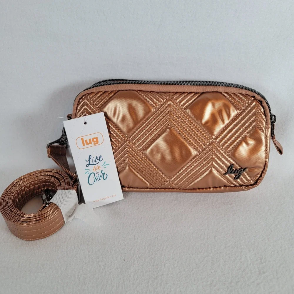 Lug Womens Coupe XL Metallic Quilted Convertible Travel Crossbody Bag Brown